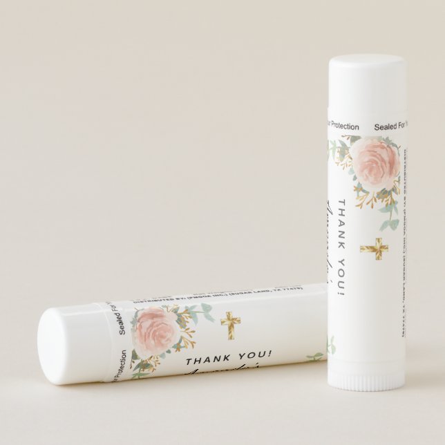 Baptism pink floral eucalyptus girl rose gold lip balm (Rotated Right)