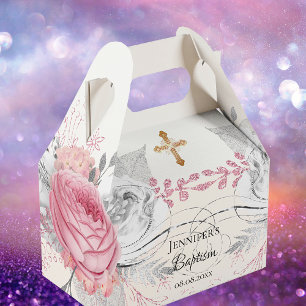 Baptism pink floral silver modern elegant cross favor boxes