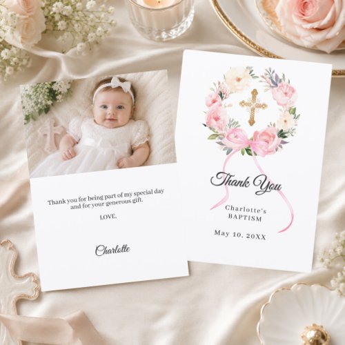 Baptism pink floral wreath bow photo girl thank you card