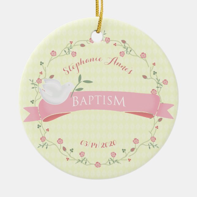 Baptism Pink Floral Wreath Ceramic Ornament (Front)