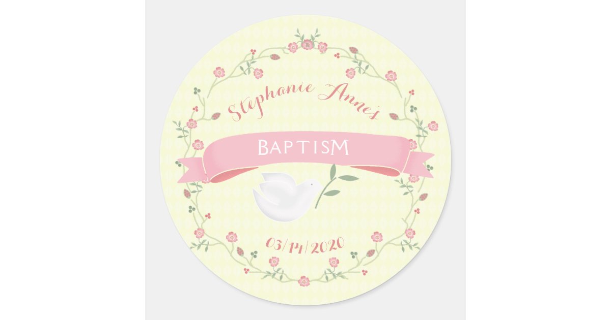 Baptism Pink Floral Wreath Classic Round Sticker Zazzle
