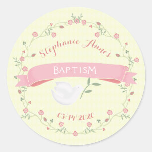 Baptism Pink Floral Wreath Classic Round Sticker