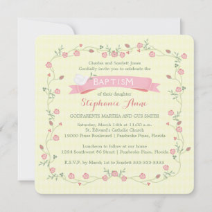 Baptism Pink Floral Wreath Invitation