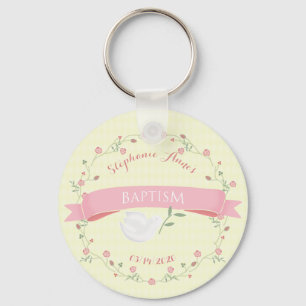 Baptism Pink Floral Wreath Keychain