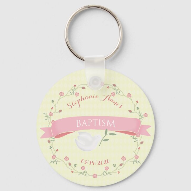 Baptism Pink Floral Wreath Keychain
