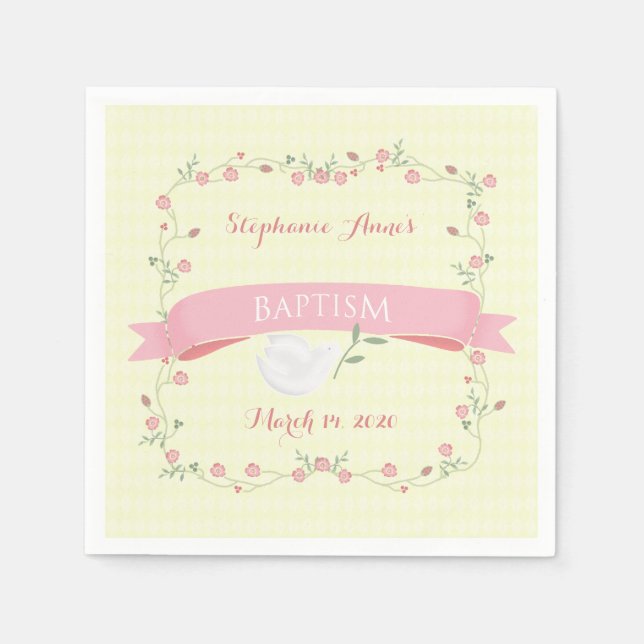 Baptism Pink Floral Wreath Paper Napkins (Front)