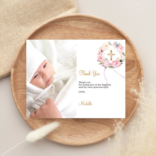 Baptism pink floral wreath photo thank you card