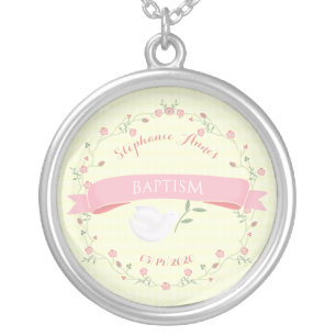 Baptism Pink Floral Wreath Silver Plated Necklace