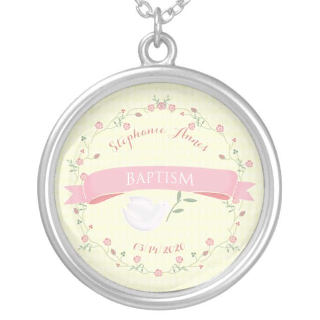 Baptism Pink Floral Wreath Silver Plated Necklace (Front)