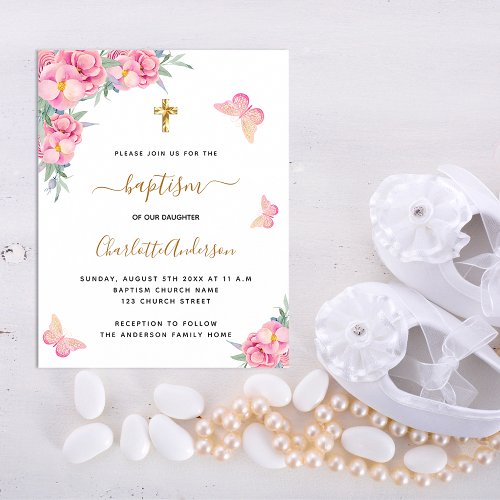 Baptism pink florals butterfly budget invitation