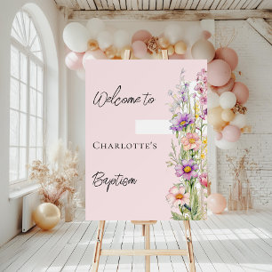 Baptism pink florals cross girl welcome sign