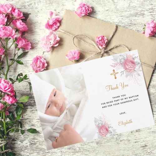 Baptism pink florals custom photo gold white girl thank you card