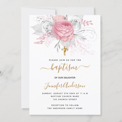 Baptism pink florals girl elegant white invitation
