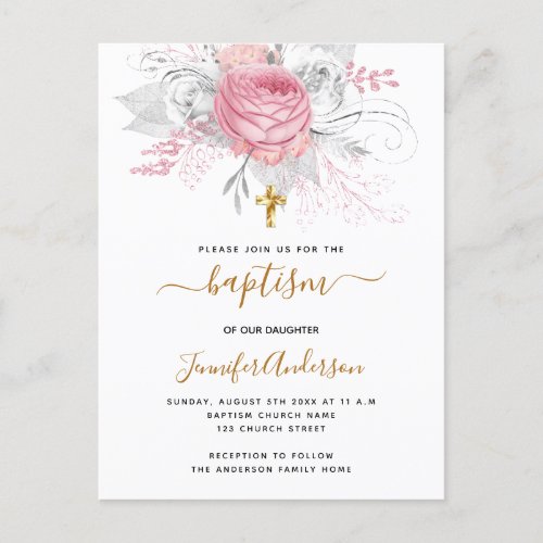 Baptism pink florals girl elegant white  invitation postcard