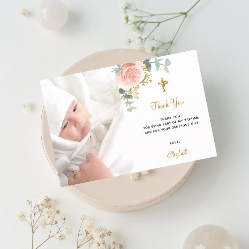 Baptism pink florals photo thank you card