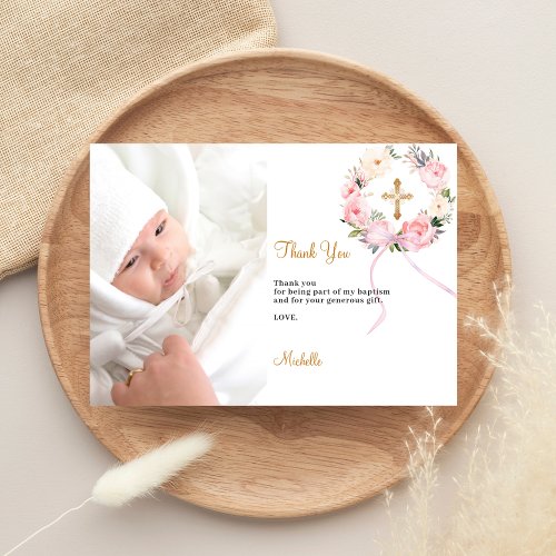 Baptism pink florals photo thank you card