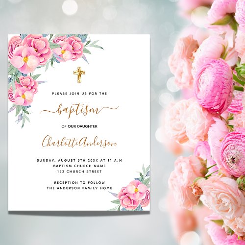 Baptism pink florals rose gold budget invitation flyer