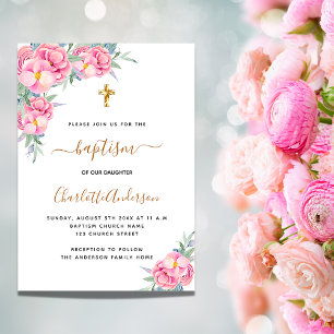 Baptism pink florals rose gold girl luxury invitation