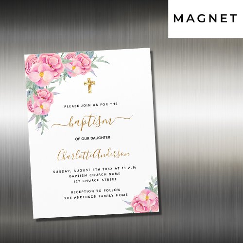 Baptism pink florals rose invitation magnet