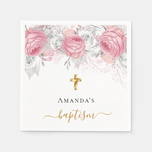 Baptism pink florals white elegant name script napkins