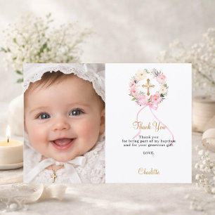 Baptism pink florals wreath bow photo girl thank you card