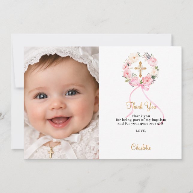 Baptism pink florals wreath bow photo girl thank you card (Front)