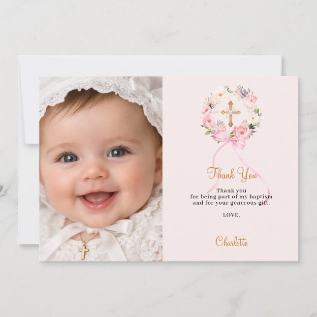 Baptism pink florals wreath bow photo girl thank you card (Front)