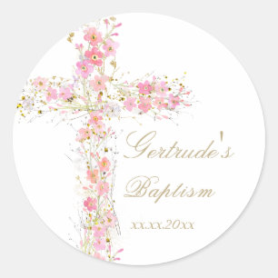 Baptism pink flowers cross baby girl classic round sticker