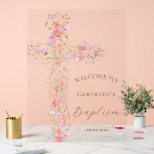 Baptism pink flowers cross welcome clear sign