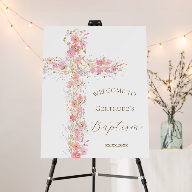 Baptism pink flowers cross welcome sign (In Situ (Stand))