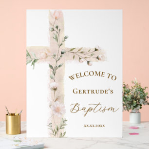 Baptism pink flowers cross welcome sign