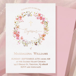 Baptism pink flowers wreath foil invitation