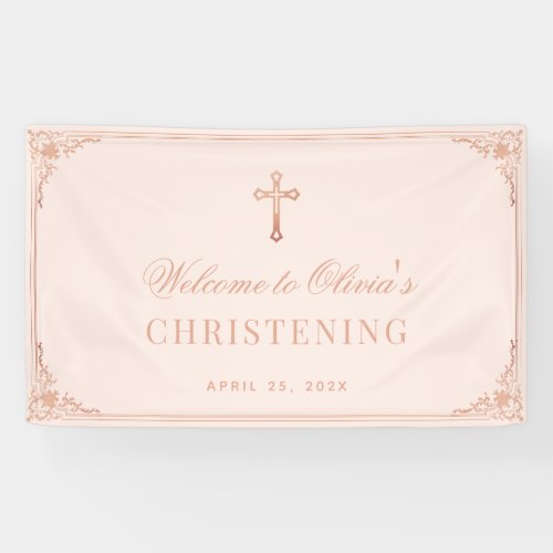 Baptism Pink Girl Christening Rose Gold Cross Banner