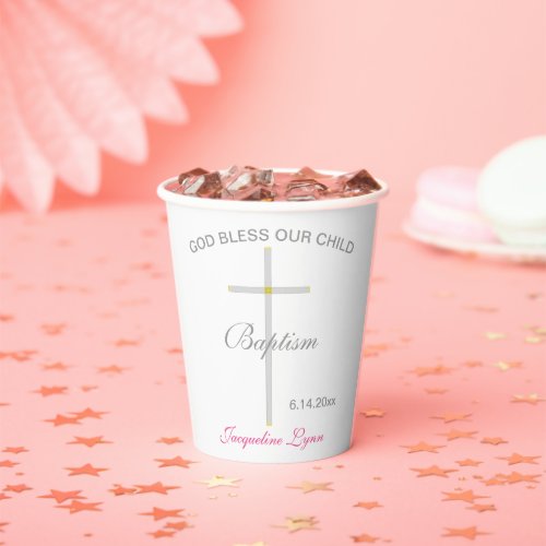 Baptism Pink Girl Name Silver Gold Cross Paper Cups