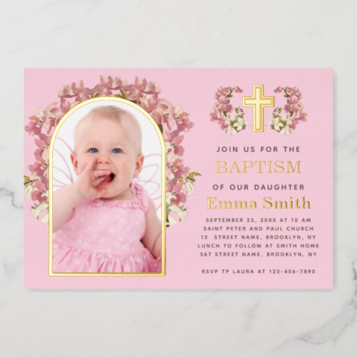 Baptism Pink Girl Photo Floral Orchids Gold Arch Foil Invitation