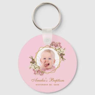 Baptism Pink Girl Photo Floral Orchids Gold Cross Keychain