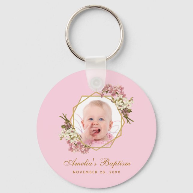 Baptism Pink Girl Photo Floral Orchids Gold Cross Keychain (Front)