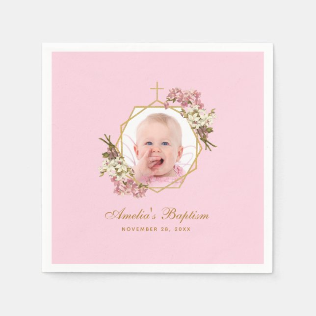 Baptism Pink Girl Photo Floral Orchids Gold Cross  Napkins (Front)