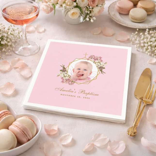 Baptism Pink Girl Photo Floral Orchids Gold Cross  Napkins (Creator Uploaded)