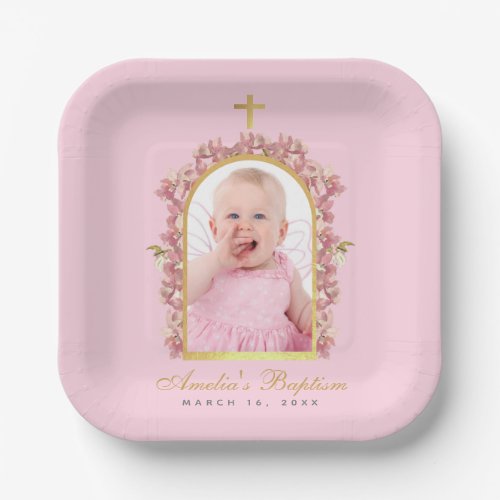 Baptism Pink Girl Photo Gold Arch Floral Orchids  Paper Plates