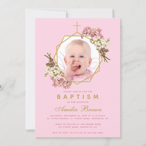 Baptism Pink Girl Photo Orchids Floral Geometric   Invitation