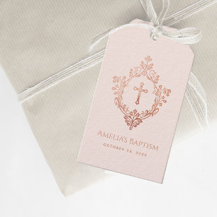 Baptism Pink Girl Vintage Rose Gold Crest Cross Gift Tags