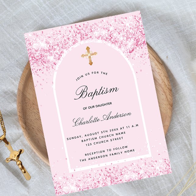 Baptism pink glitter arch girl cross invitation (Creator Uploaded)