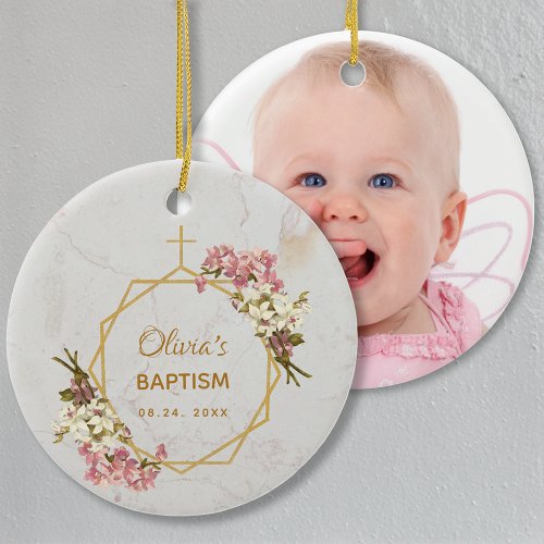 Baptism Pink Gold Girl Photo Orchids Marble Floral Ceramic Ornament