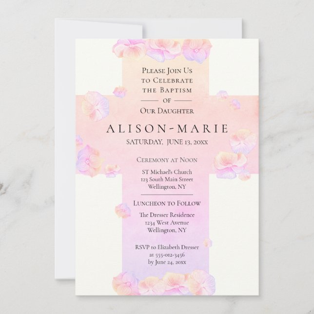 Baptism Pink Hydrangea Floral Cross Christian Invitation (Front)