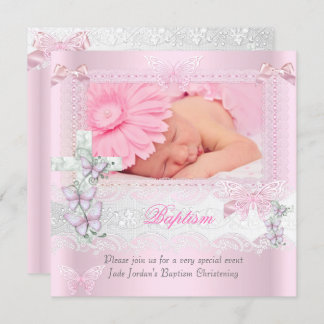 Baptism Pink Lace Photo Butterfly Cross Girl 2 Invitation