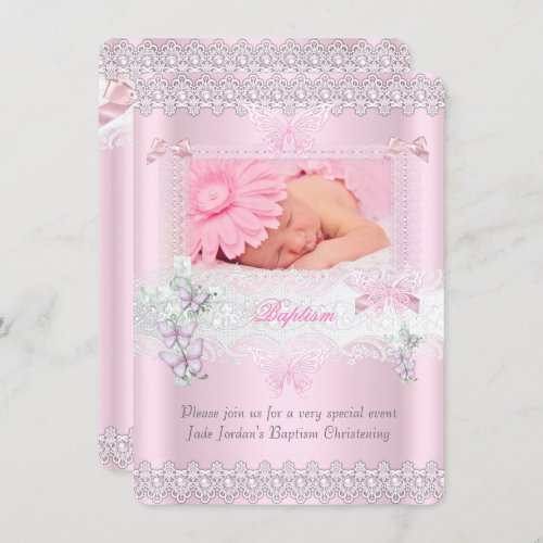 Baptism Pink Lace Photo Butterfly Cross Girl 3 Invitation