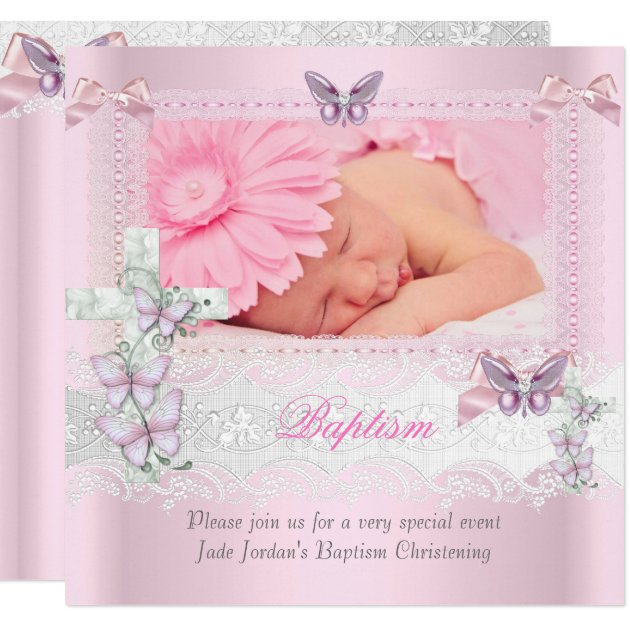 Baptism Pink Lace Photo Butterfly Cross Girl Card