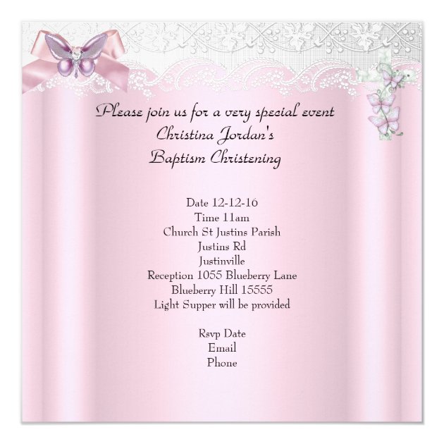 Baptism Pink Lace Photo Butterfly Cross Girl Card