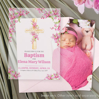 Baptism pink orchid watercolor vellum invitations